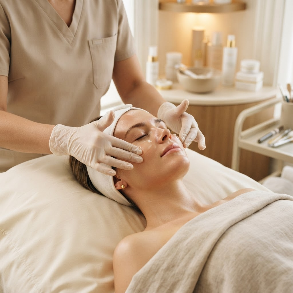 A skin specialist performing a treatment on a client in a warm, premium clinic