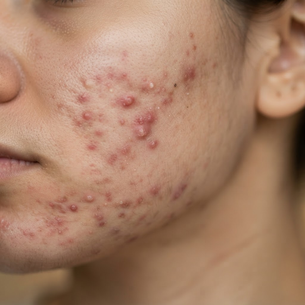 Close-up of skin showing acne