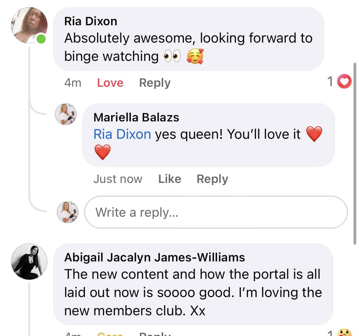Facebook comments from members reacting to new content and the members club.