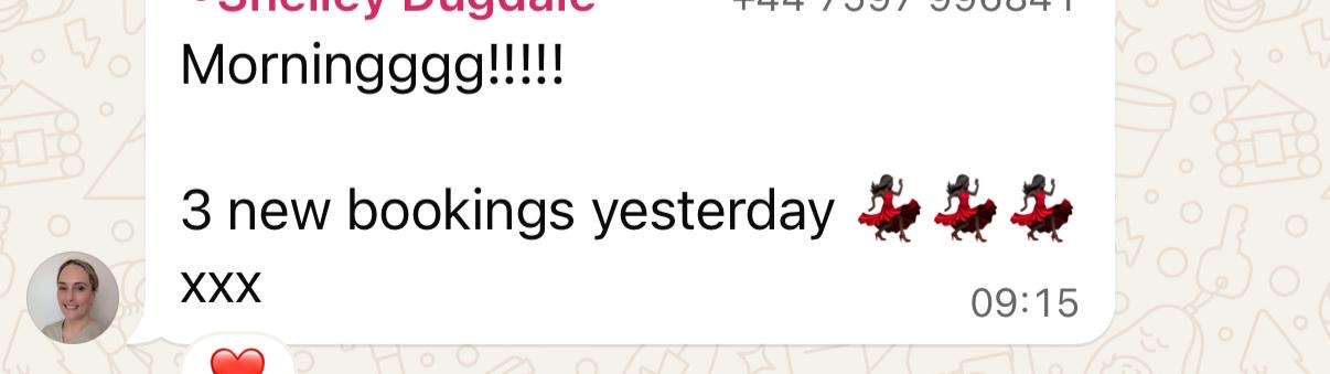 Member message: 'Morningggg! 3 new bookings yesterday.'