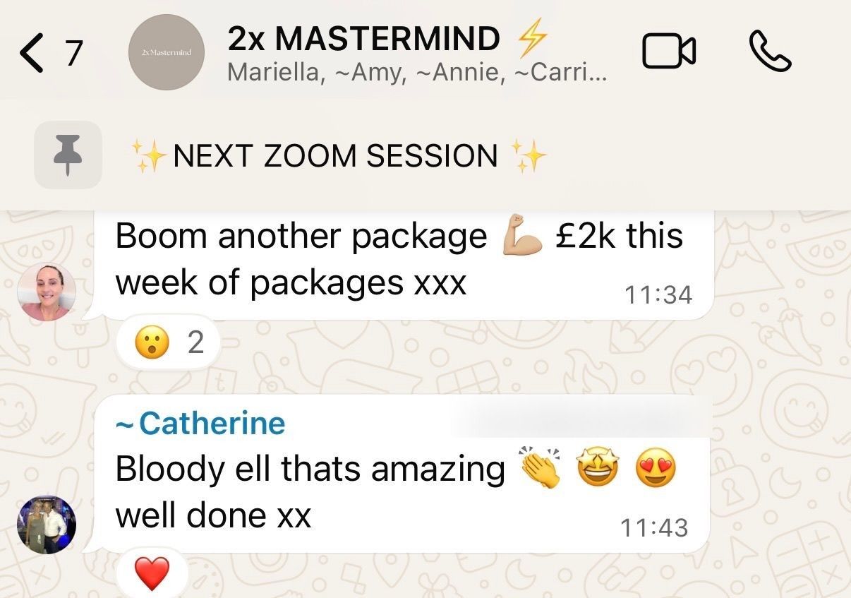 Mastermind chat: 'Boom another package, £2k this week of packages' with Catherine replying 'Bloody ell that's amazing, well done.'