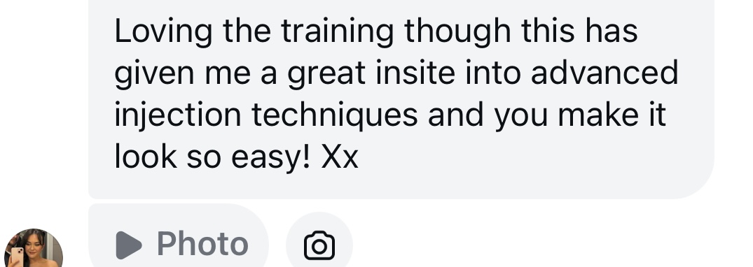Member message: 'Loving the training — this has given me a great insight into advanced injection techniques and you make it look so easy!'