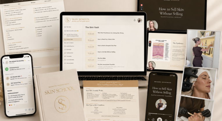 The Skin School portal shown across laptop, tablet and phone