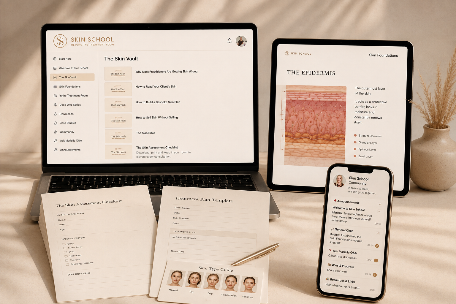 The Skin School member portal shown on a laptop, tablet and phone alongside the printed Skin Assessment Checklist, Treatment Plan Template and Skin Type Guide
