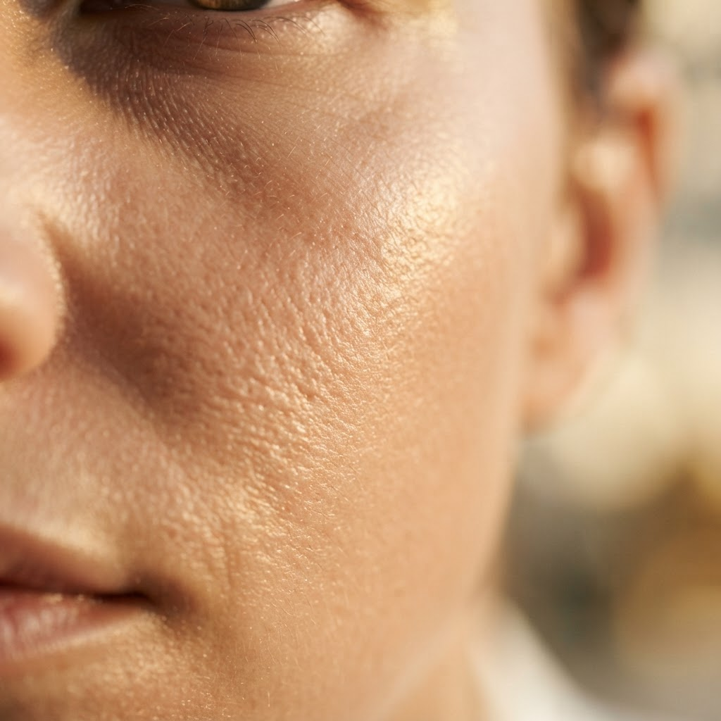 Close-up of skin texture showing visible pores and tone